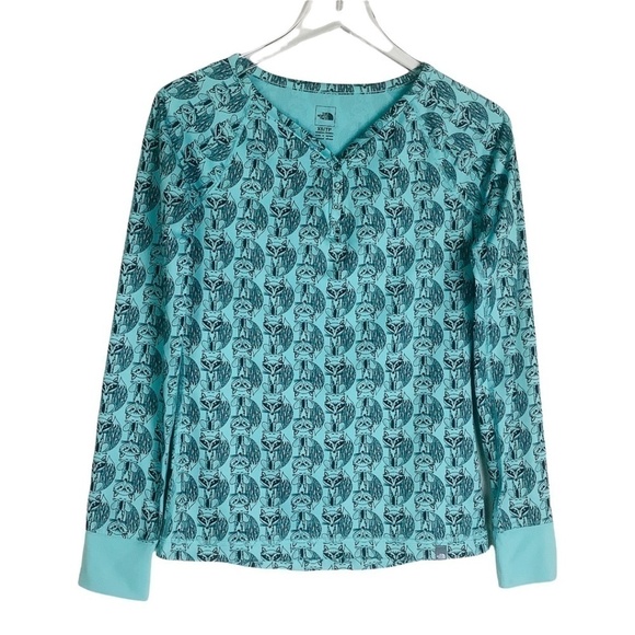 North Face Women's Base Layer Fox Print Long Sleeve Snap Button Teal Shi… - Picture 1 of 11